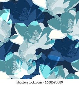 Large Turquoise, Aqua Marine Blue Color Inflorescences Of Flowers. Floral Seamless Pattern. Vector Illustration With Hand Drawn Plants.