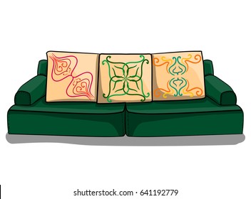 Large turquoise low sofa with beige pillows in patterns in Indian style stands on a white background eps 10 illustration