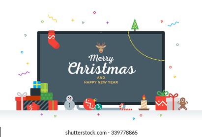 Large TV with Congratulatory text Merry Christmas and Happy New Year with gifts, presents, bauble, candy. Modern Geek Christmas Card