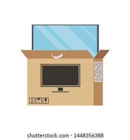 Large TV Is Half Pulled Out Of The Box. Computer Monitor, High Resolution.Unpack The Parcel From The Online Store. Purchase.