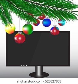 Large TV with pine branches and balls, Modern Christmas Card Geek