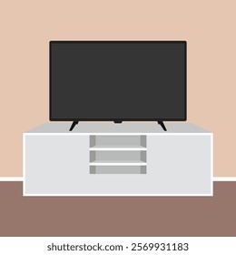 Large TV in the room on a large wooden table flat vector design