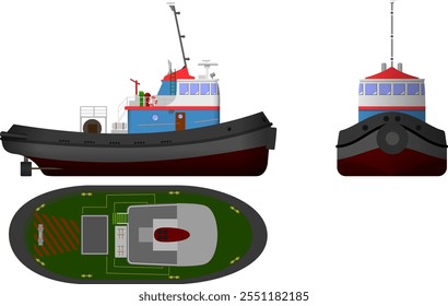 Large Twin Screw Tug Boat. Side, top and front profile of a large tug boat. Isolated vector illustration.