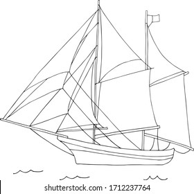 Large two-masted sailing ship at sea coloring. Black and white vector hand draw illustration EPS10