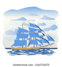 Large two-masted sailing ship at sea. Brig in cartoon style. Big waves. Vector seascape.