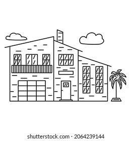 A large two-storey residential building with a greenhouse, a swimming pool or a winter garden. Vector complex icon with detail, offline, isolated. Editable stroke.