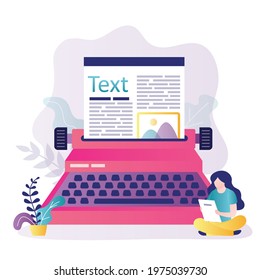Large typewriter with sheet of paper. Copywriter writes text for advertising. Female character checks typed story or article. Concept of copywriting and marketing. Trendy flat vector illustration
