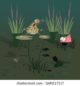 A large ugly toad catches insects by jumping over water lilies on a pond. Vector illustration for cards, posters and children's books.