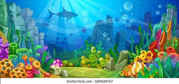 Large underwater sea reef. Multicolored algae, corals, sponges, stones and fishes.