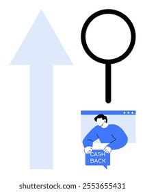 Large upward arrow next to a magnifying glass and a person holding a cashback sign in a browser window. Ideal for finance, e-commerce, investment, online shopping, marketing. Simplistic cartoon style