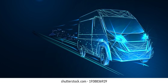 Large van. Abstract vector 3d Large delivery van. Isolated on blue. Transportation vehicle, delivery transport, cargo logistic concept. Freight shipping, international delivering industry.  Low poly