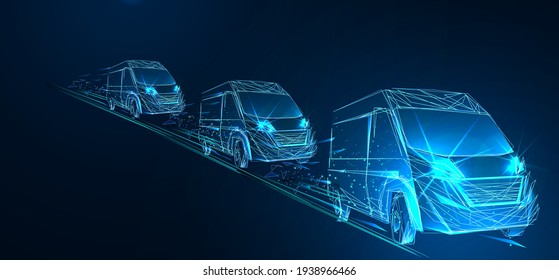 Large van. Abstract vector 3d Column of delivery vans. Isolated on blue. Transportation vehicle, delivery transport, cargo logistic concept. Freight shipping, international delivering industry. Low po