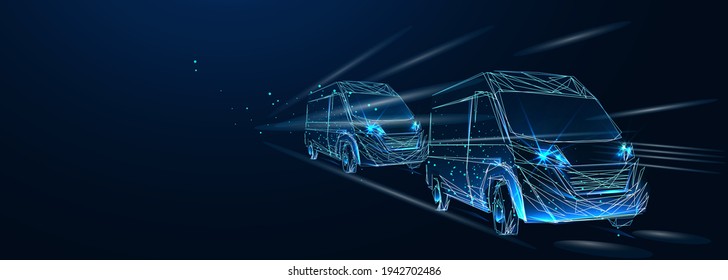 Large van. Abstract vector 3d Column of delivery vans. Isolated on blue. Transportation vehicle, delivery transport, cargo logistic concept. Freight shipping, international delivering industry. Low po