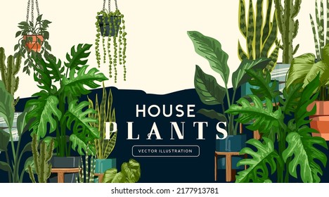 A large and varied selection of indoor home house plants with pots. Garden and wellbeing vector illustration