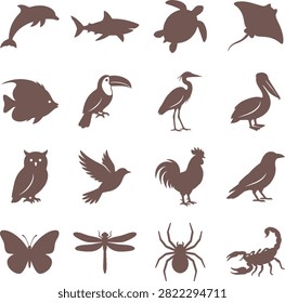Large variety of brown creature icons featuring dolphin shark turtle ray owl toucan heron pelican rooster crow butterfly dragonfly spider and scorpion.