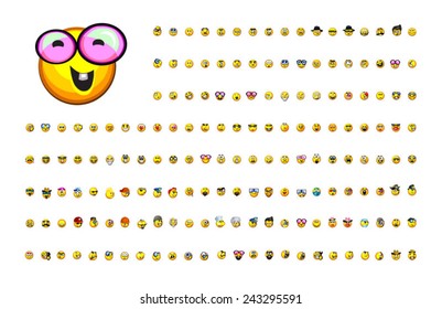 A large variety of cute emoticons each with a distinct expression which communicates a wide range of emotions in a fun cartoon style. These smileys are perfect for any size including very small sizes.