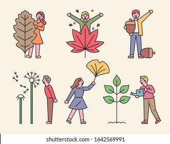 Large variety of large leaves and cute characters. flat design style minimal vector illustration.