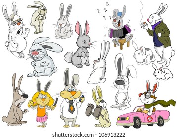 A large variety of rabbits and hares on a white background