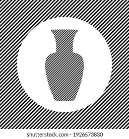 A large vase in the center as a hatch of black lines on a white circle. Interlaced effect. Seamless pattern with striped black and white diagonal slanted lines