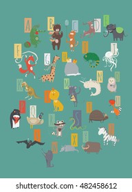 Large vector alphabet sequence with lovely animals starting with letters from A to Z on blue background. Hand drawn set with simple and stylish fun characters, good for education and decoration 