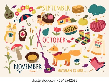 Large vector autumn fall set. Autumn elements, icons, cliparts. Leaves, rain cloud, sweater, rain boots, pumpkins, fox, hedgehog, reeds, hamster, house,fruits,flowers, mushrooms, food