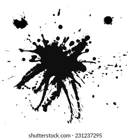 Large vector black ink blob with lot of drops isolated on white background