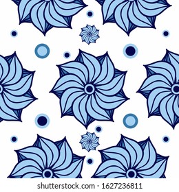 Large vector blue flower petals on a white background. Flowers seamless pattern.