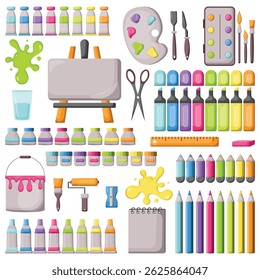 A large vector bright, colored set of elements and tools for the artist.