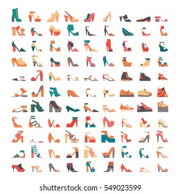 Large vector bundle with stylish contemporary flat shoes icons, drawn in geometric style and isolated on white background. Large collection with 99 different colorful shoes, sandals and other footwear