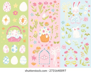 Grande conjunto de arte de Clip de Vector de ilustraciones aisladas de Pascua. Símbolos de la colección de diseño de vacaciones de primavera de abril. Flores, conejito, huevos, pasteles de Pascua, dulces, naturaleza. 124 Elementos florales botánicos.