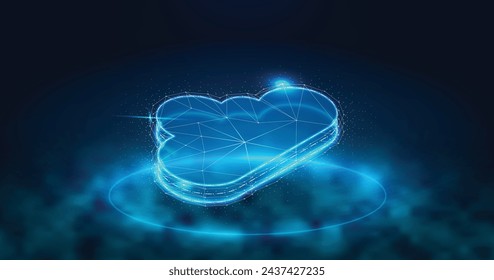 Large vector cloud image set against a deep blue backdrop. The clouds are covered in mist and float atop blue neon lights.