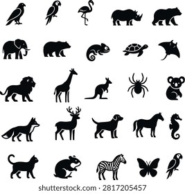 A large vector collection of black wild animal silhouettes, marine life, birds, and domestic pets. Includes lion, elephant, giraffe, gorilla, bear, eagle, wolf, fox, deer, rabbit, horse, zebra, butterfly, cat, dog, hamster, parrot, flamingo, rhino, hippo, kangaroo, spider, koala, sloth, chameleon, stingray, and seahorse. Perfect for zoo signage, educational materials, infographics, logos, nature conservation projects, and children's activity books.