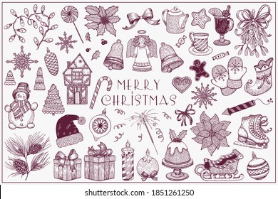 Large vector collection Christmas elements in vintage engraving graphic style. New year decoration set with ink hand drawn elements. Romantic illustration, greeting card. Winter template.