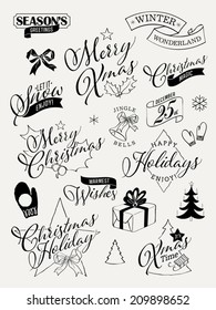 Large vector collection of christmas retro looking decorative elements | Everything for christmas greeting card design | Christmas black decoration elements on milk white background 