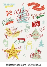 Large vector collection of christmas retro looking decorative elements | Everything for christmas greeting card design | Christmas colorful decoration elements on milk white background