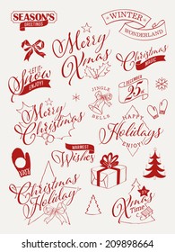 Large vector collection of christmas retro looking decorative elements | Everything for christmas greeting card design | Christmas red decoration elements on milk white background 