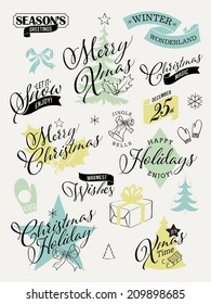 Large vector collection of christmas retro looking decorative elements | Everything for christmas greeting card design | Christmas retro colored decoration elements on milk white background