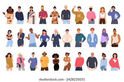 Una gran colección vectorial de hombres y mujeres multirraciales en diferentes poses. Un grupo de hombres y mujeres jóvenes modernos en un estilo plano sobre un fondo blanco