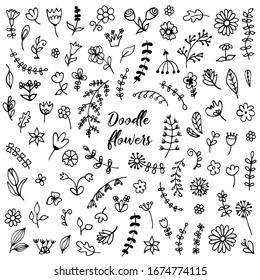 Large vector collection of doodle flowers and leaves. To create digital paper, stickers, colorings. For design of surfaces, textiles, packaging, backgrounds. Subject nature