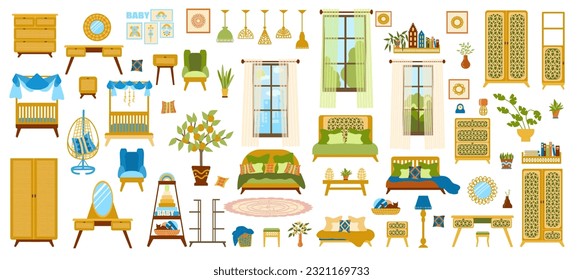 Gran colección vectorial de muebles y elementos decorativos para la sala de estar, dormitorio, habitación infantil, y estudio en un estilo Art Deco y Art Nouveau estilizado. Ilustraciones de estilo plano a mano.