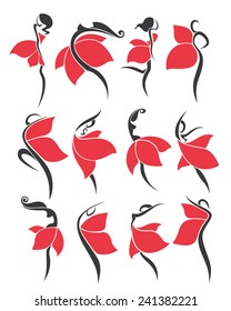 large vector collection of girls in red dresses look like a flowers