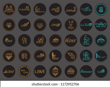 Large vector collection of golden and neon blue round labels, stickers for Valentine’s day design. Sweet arts in love, dating theme, contains tags for greetings, 14 february captions,