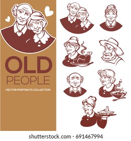 large vector collection of happy old people portraits for your logo, label, and emblems