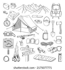 LARGE VECTOR COLLECTION OF ITEMS FOR CAMPING AND OUTDOOR ACTIVITIES ON A WHITE BACKGROUND