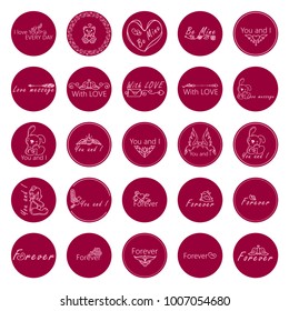 Large vector collection of lovely round labels, stickers for Valentine's day design. Sweet arts in love, dating theme, contains tags for greetings, 14 february captions, icons. Pink color, set 2\3