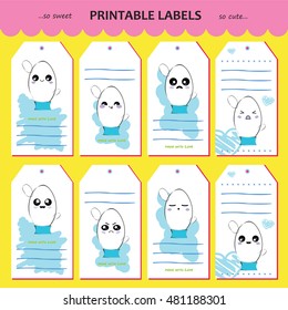 Large vector collection printable gift tag, label, sticker. Kawaii cartoon funny succulent with different face (happy, angry, grumpy, sly, sleep). Perfect for hand-made items, bookmarks. Flat design