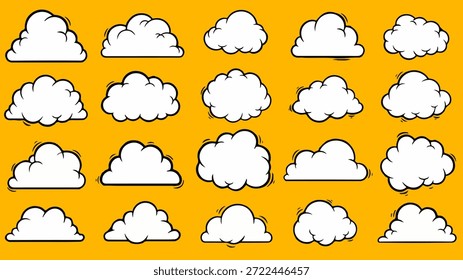 Una Grande colección de Vector de nubes de dibujos animados estilizados en un cómic clásico o estética de arte pop, con contornos negros audaces y relleno blanco sólido contra un fondo amarillo vibrante. Recursos gráficos perfectos para Clima, burbujas de discurso, diseños retro y proyectos infantiles divertidos.