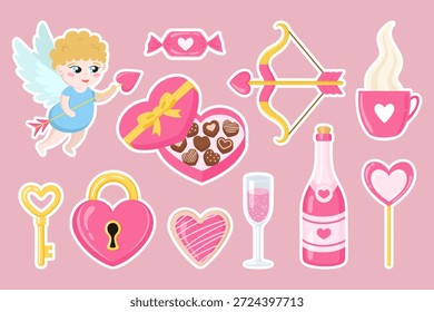 Große Vektorsammlung von Valentinstag-Aufklebern mit niedlichem Amor, herzförmiger Schokoladenkiste, Pfeil und Bogen, Champagner, Vorhängeschloss mit Schlüssel und süßen Leckereien. Romantische flache Symbole zum Feiern.