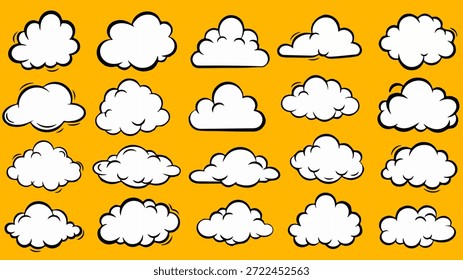 Grande colección de Vector de varias nubes de dibujos animados en un estilo de arte pop atrevido y retro, aislado en un fondo amarillo vibrante. Estas Formas blancas y esponjosas presentan contornos negros gruesos, perfectos para burbujas de discurso de cómics, interfaces de juegos, gráficos de Clima, cuadros de diálogo o cualquier diseño que necesite una estética de cómic divertida, dinámica y vintage.