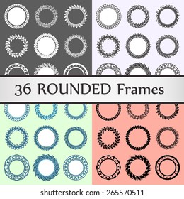 Large vector colored collection of 36 rounded hi-quality frames for labels, banners, and business cards. Ancient set of stars and leaves frames